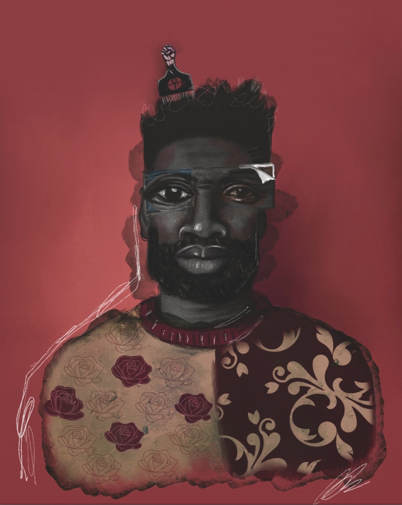 Artistic portrait of a person with intricate designs on a red background