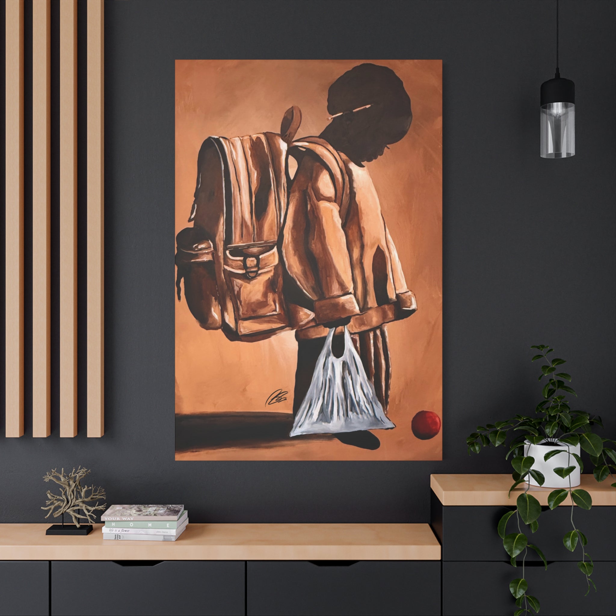 Artistic depiction of a child with a backpack on a dark wall