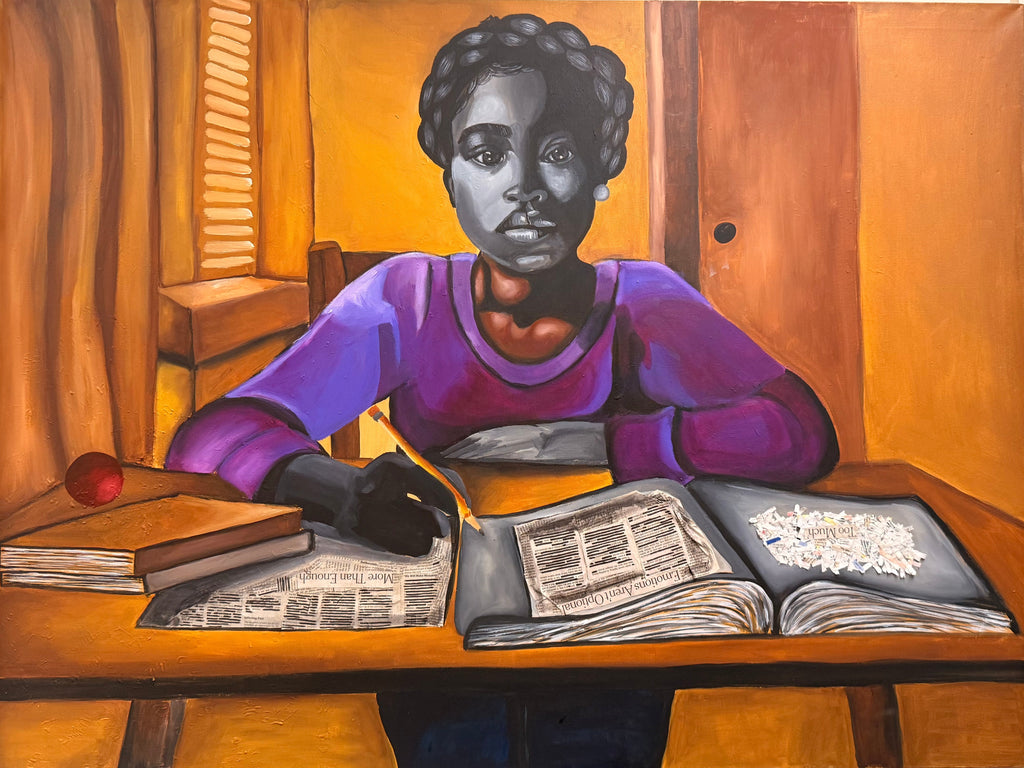 Painting of a person sitting at a table with books and a newspaper, framed on a wall.